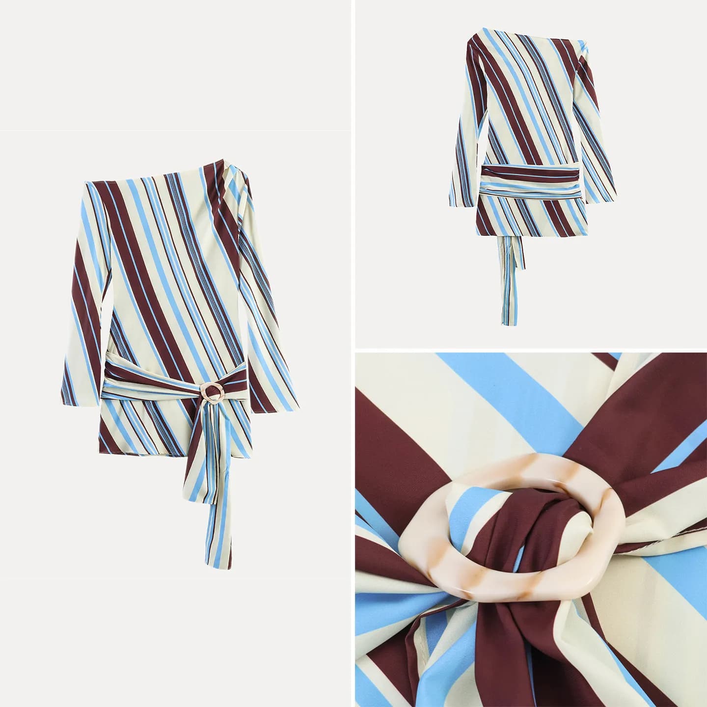 Abito Elegante a Maniche Lunghe Slim Fit con Stampa e Cintura, Strisce Asimmetriche, Collezione Estiva 2026, Abbigliamento Casual da Donna per Tutte le Stagioni