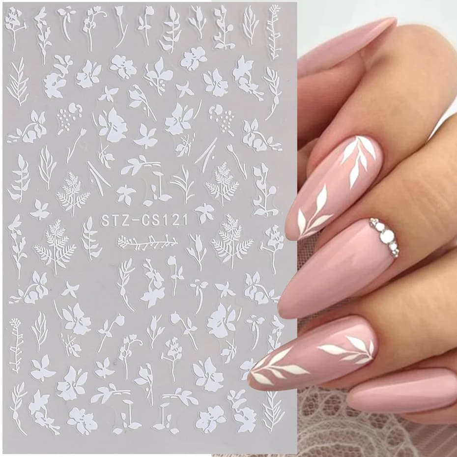 2 pezzi adesivi per unghie con foglie floreali semplici 3D elegante design floreale bianco nero carino decalcomanie adesive per la decorazione di nail art fai da te