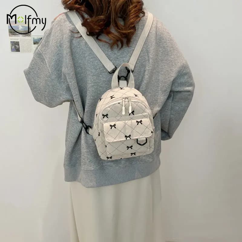 Bow Print Winter Backpack Large Capacity Soft Nylon Double Shoulder Daily Shopping Teen Girls Korean Kawaii Bag