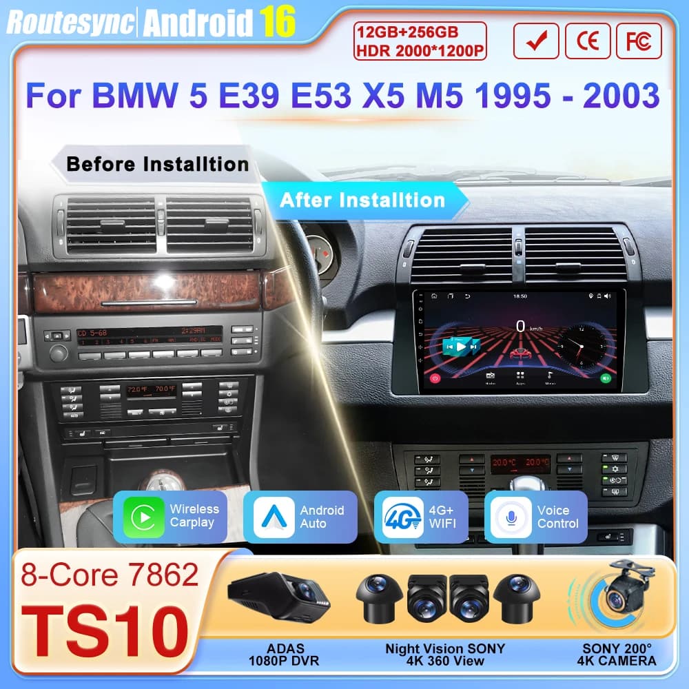 Autoradio Android 16 for BMW Series 5 E39 1995-2003 E53 X5 M5, Android Auto Wireless, Carplay, Autoradio with Wi-Fi 5G and Touch Screen