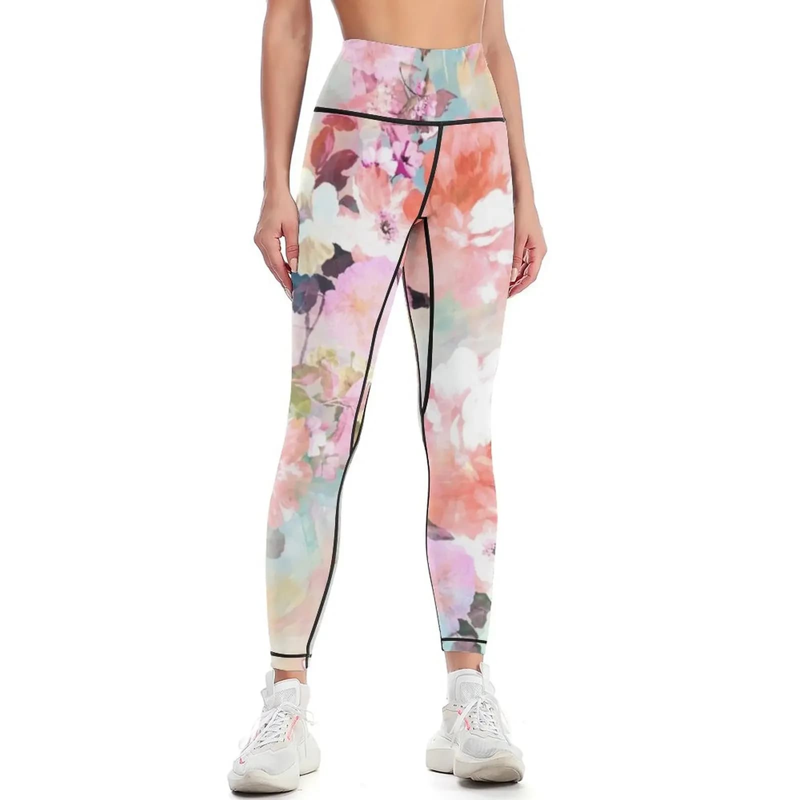 Leggings romantici con motivo floreale chic in acquerello rosa e verde acqua, pantaloni sportivi per l'allenamento, abbigliamento per donna