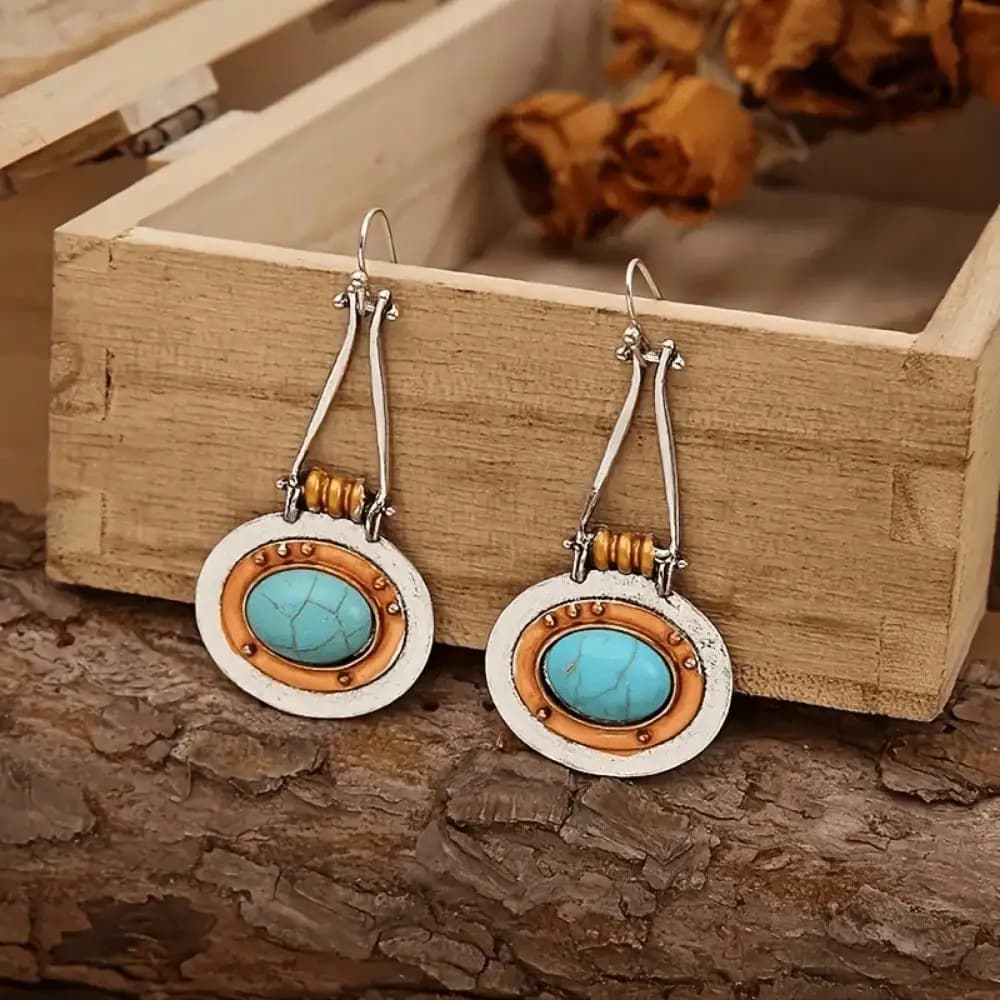Stunning Vintage Oval Artificial Turquoise Earrings - Eye-Catching Dangle Design - Hypoallergenic Zinc Alloy With Silvery Plated Shiny Finish - Fashion-Forward Women's Jewelry - Perfect Stylish Gift For Her
