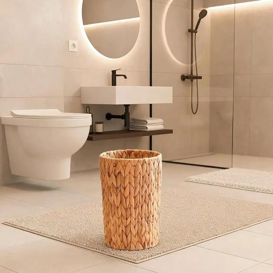 Boho Wicker Trash Can Natural Woven Round Waste Basket For Bathroom Office Bedroom Water Hyacinth 2 Gallon
