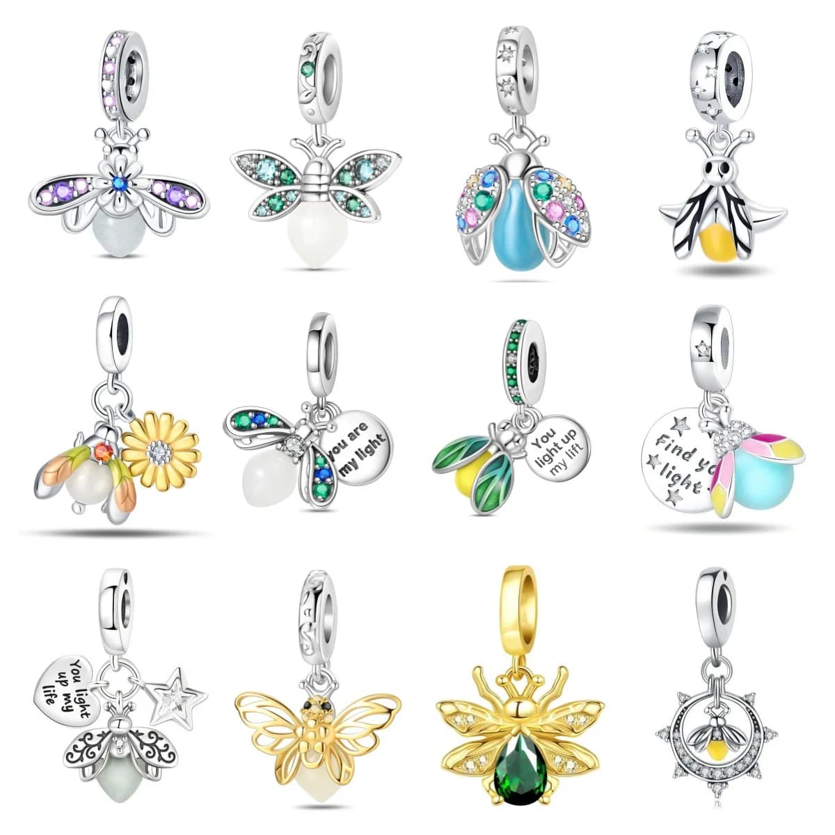 Silver Plated Firefly with Multicolor Wings and Blue Enamel Body Dangle Charms Beads Fit Original Bracelets Bag Keychain Charms