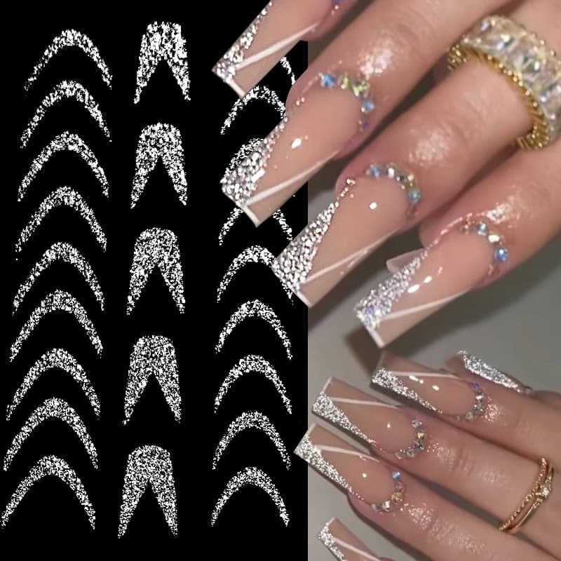 Adesivo per unghie 3D con glitter riflettenti francesi Sparkly Gold Silver Line Star Heart Decalcomanie per unghie Cursori di trasferimento Decorazioni per manicure