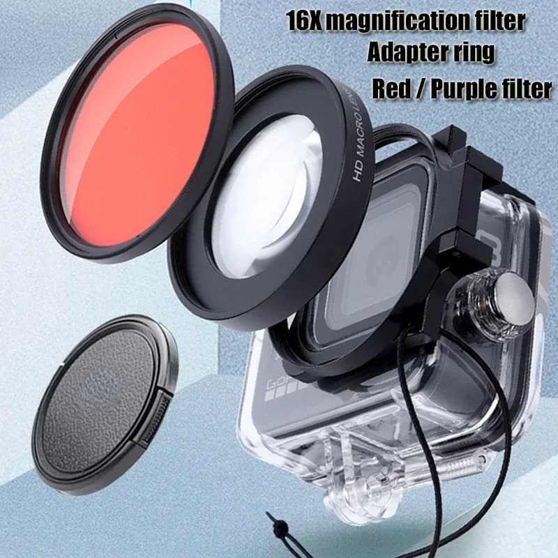 16x macro HD lens + red underwater filter purple 58 mm adaptor ring lens cover for GoPro Hero 10 9 8 black waterproof case
