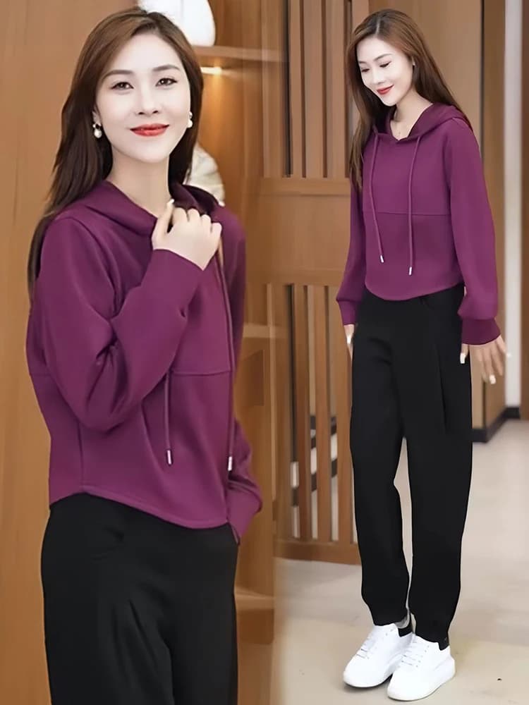 Pure Cotton Casual Sportswear Set Women's Spring Autumn New Loose Stylish Anti-Aging Hoodie Sweatpants Two-Piece Set