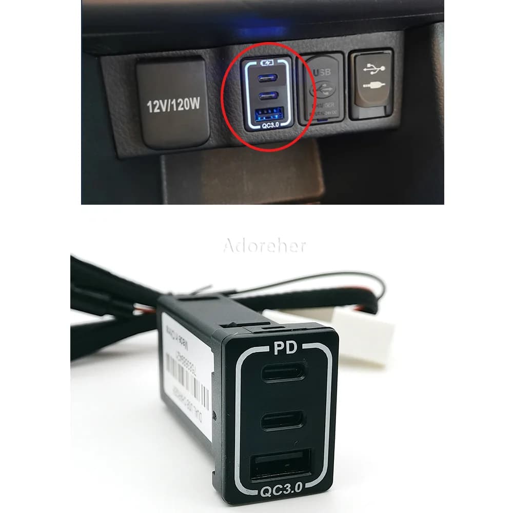 USB QC3.0 dual car charger with cable Fast charging adapter for automatic vehicle for phone with blue light for Toyota accessories