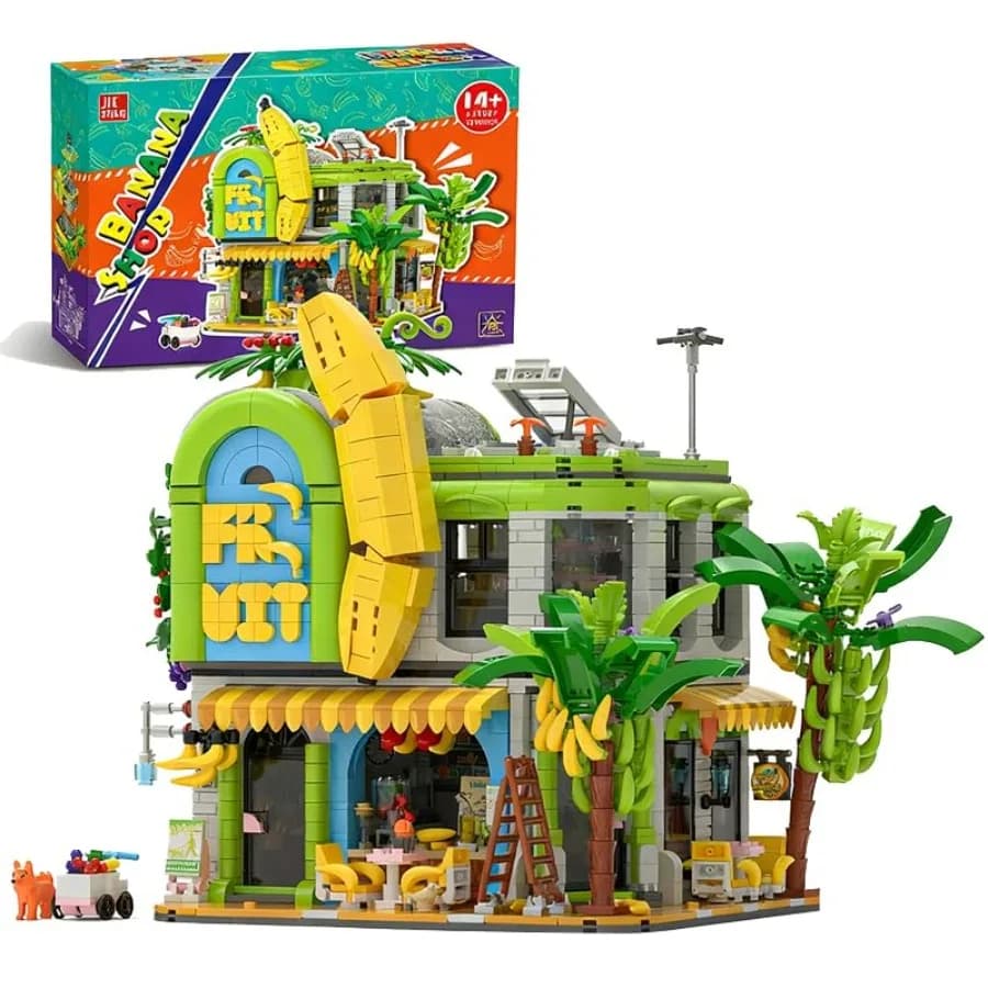 Set di Costruzioni Banana Shop MOC, Giocattolo Architettonico Creativo a Tema Negozio di Frutta con Luci LED, Giocattolo STEM, Idea Regalo per Adulti