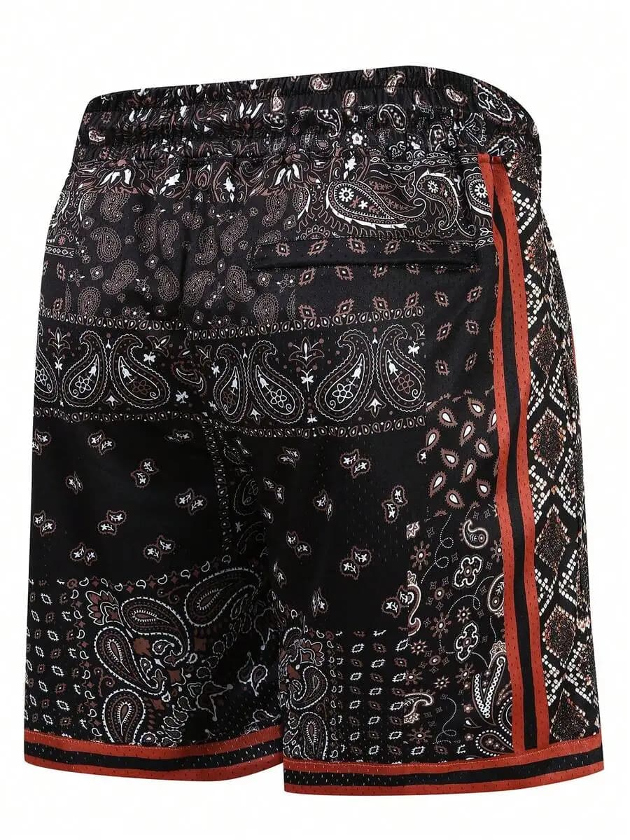 Pantaloncini da basket da uomo neri con stampa paisley e tasche con cerniera, abbigliamento sportivo casual