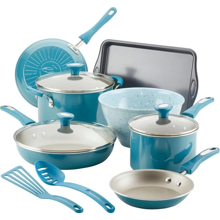 Ottieni la cottura! Il set di pentole e padelle antiaderenti include teglia e utensili da cucina da 12 pezzi turchese