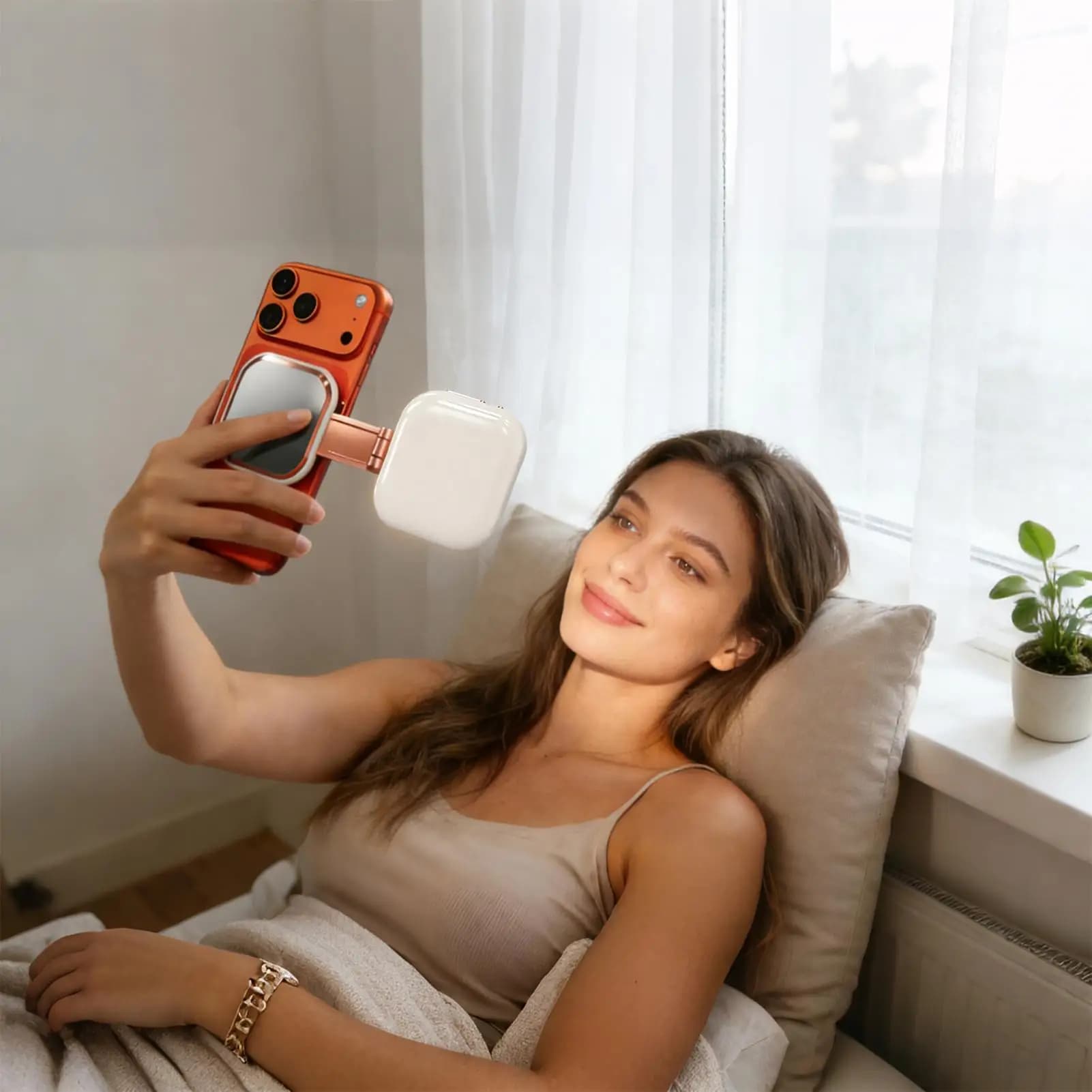 Luce portatile per selfie a 3 livelli regolabili, lampada portatile con specchio per la registrazione video e lo streaming live tramite la fotocamera posteriore del telefono.