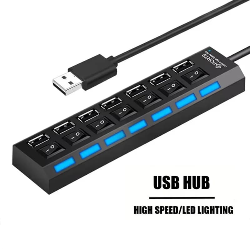 7 Port USB 2.0 Hub Splitter For Laptop Computer Accessories Multi Port High Speed Data Transfer Office Home Workstation Supplies
