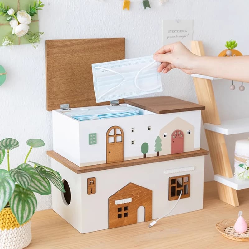 Scatola portaoggetti moderna in legno massello, porta telecomandi creativo per l'ingresso, organizer per chiavi da scrivania, contenitore salvaspazio per la gestione dei cavi