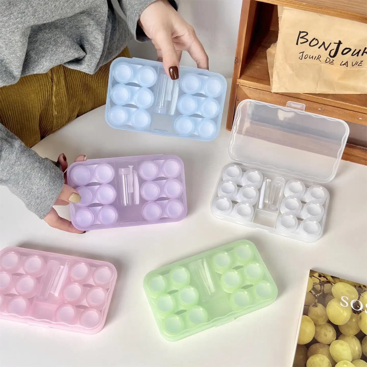 3/4/6-in-1 Transparent Case for Contact Lenses, Travel Portable Box with Cosmetic and Colored Lense Gripper, Makeup Accessories