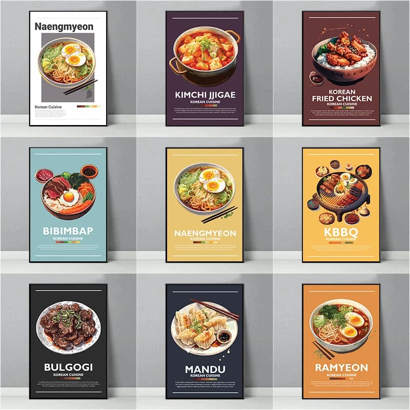 Korean Food Poster Bulgogi Bibimbap Gimbap Kimchi Sundubu Jjigae Canvas Painting Minimalist Wall Art Picture Kitchen Home Dec