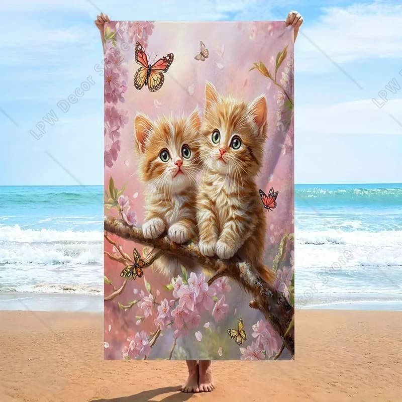 Asciugamano da Spiaggia con Motivo Floreale Primaverile e Gattini, Stampa di Farfalle e Fiori, in Microfibra Morbida per Nuoto, Viaggi, Campeggio e Sport