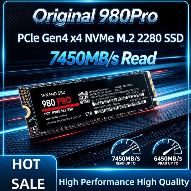 Original 980Pro 1TB 2TB 4TB PCIe Gen4 x4 M.2 NVMe SSD, 3D TLC NAND, 7450MB/s Read, High-End Internal Storage for PC & Laptop.