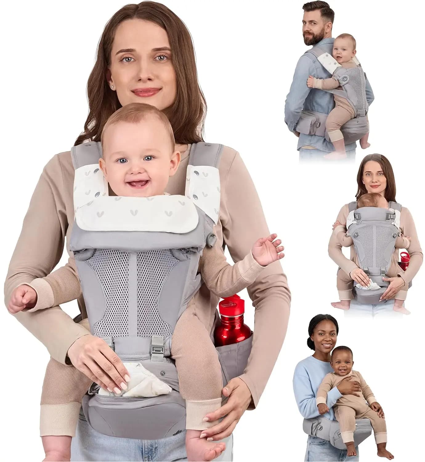 Marsupio 6-in-1 in cotone biologico con seduta staccabile, fibbia magnetica, ampio spazio portaoggetti, 3-22 kg, comfort per tutte le stagioni