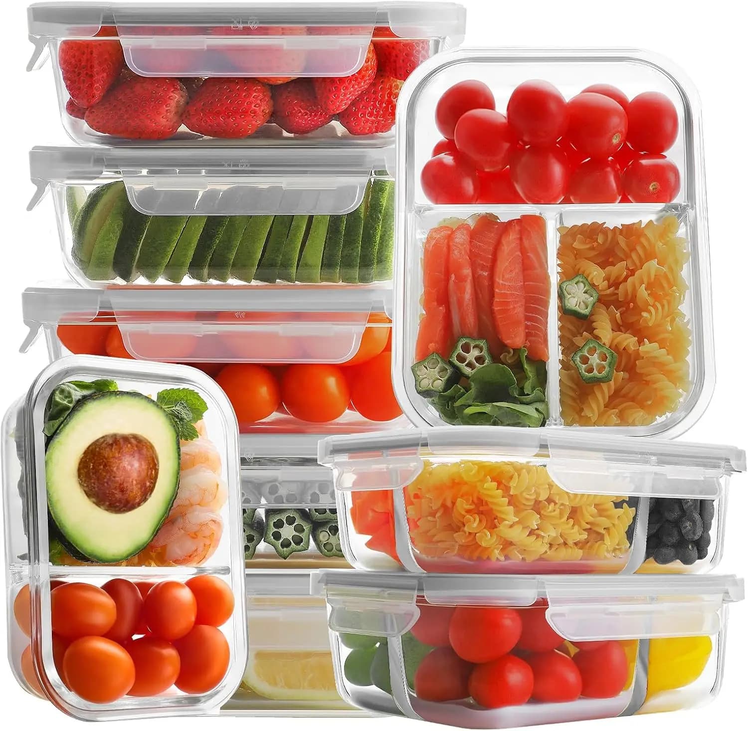 Set di 9 Contenitori in Vetro per Preparazione Pasti con Coperchi - Ermetici, Anti-Perdita, Scatole Bento Grigie, 3/2/1 Scomparti per Conservazione Alimenti
