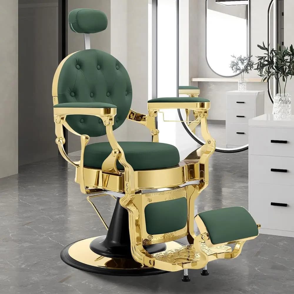 Vintage Barbiere Armchair Recycling Hydraulic, Professional Salon Equipment with Rounded Cushion, Green