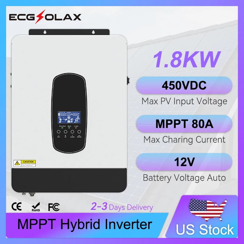 Inverter Solare Ibrido ECGSOLAX 1.8KW 12V 220V Off-Grid con Regolatore di Carica MPPT 80A Integrato, Inverter Solare a Onda Sinusoidale Pura