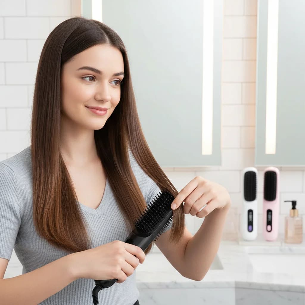 Spazzola Lisciante e Arricciacapelli 2 in 1 con Display LCD, Temperatura Costante, Cura dei Capelli, Anti-Scottatura, Strumento di Styling in Nano-Ceramica