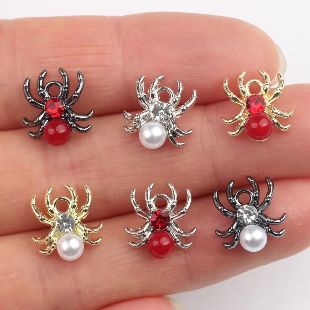 10 pcs/lot Zinc alloy spider-shaped pendants with inlaid pearls and rhinestones, 11*12MM, for DIY, necklaces, bracelets, earrings and accessories