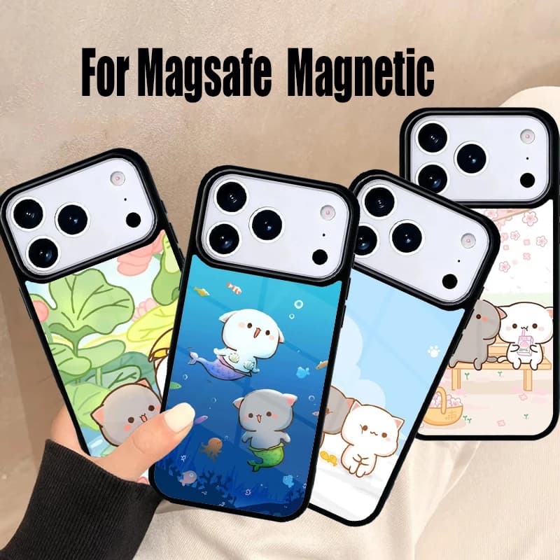 Cover per iPhone Peach And Goma Cats per iPhone 17 Air 16e 15 14 13 12 11 Pro Max Plus, Cover Magnetica Wireless Magsafe