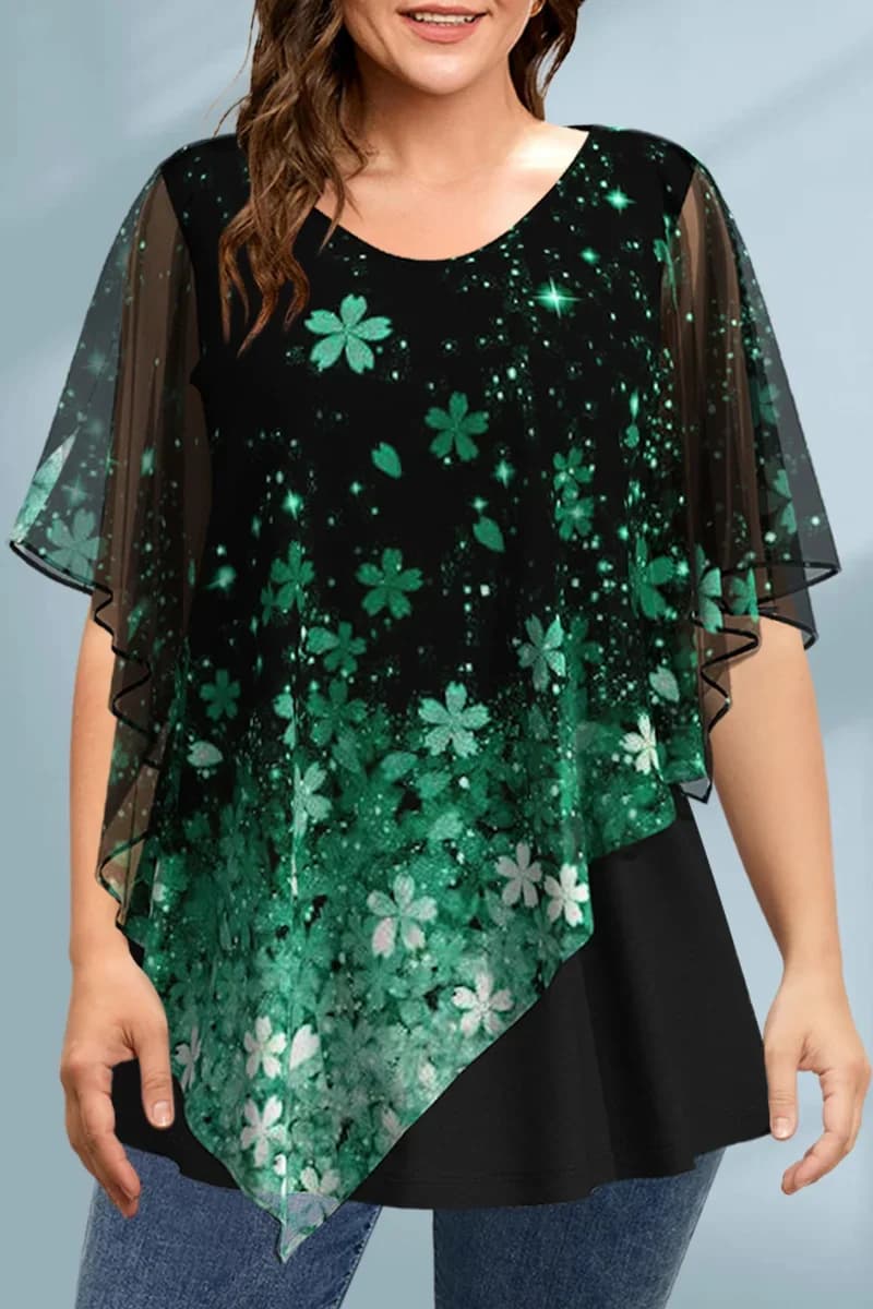 Women's strong size shirt in chiffon with floral print Faux in two pieces Aysmetric Short sleeve Crew Neckline Summer 2025 Top casual