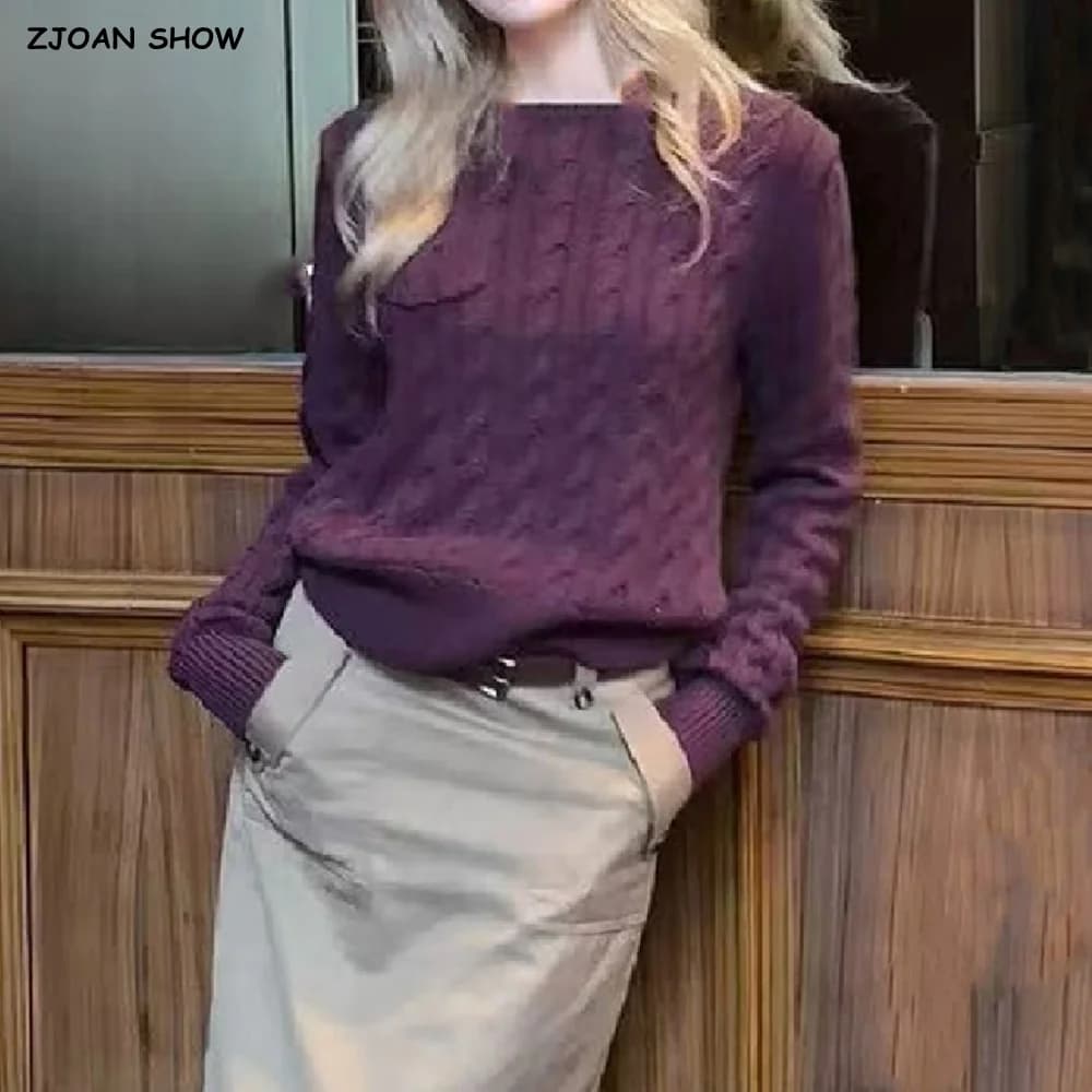 New Fashion O Collar Cable Twist Knit Sweater for Women One Pocket Long Sleeve Pullover Jumper Autumn Knitwear Purple Armygreen