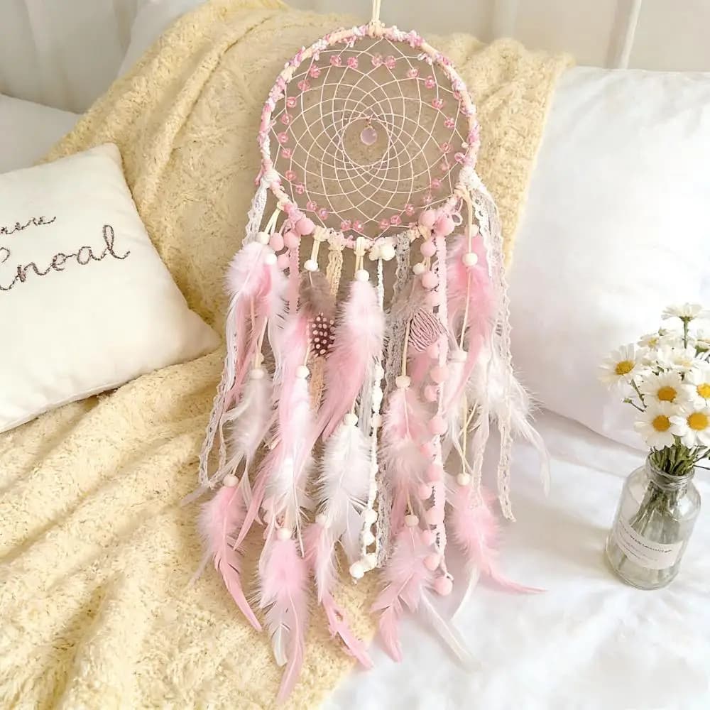 1 pc Pink Lace Dreamcatcher with Feathers, Handmade Boho Wall Hanging, Romantic Nursery & Bedroom Decor for Girls Women