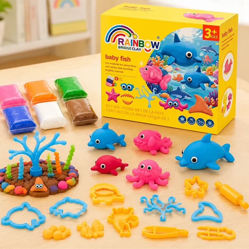 Fish Play Dough Sets for Girls Boys Children's Soft Clay Sea Animal Molds Rolling Pin Safe Cutter Tools Kit Kids DIY Craft Toy