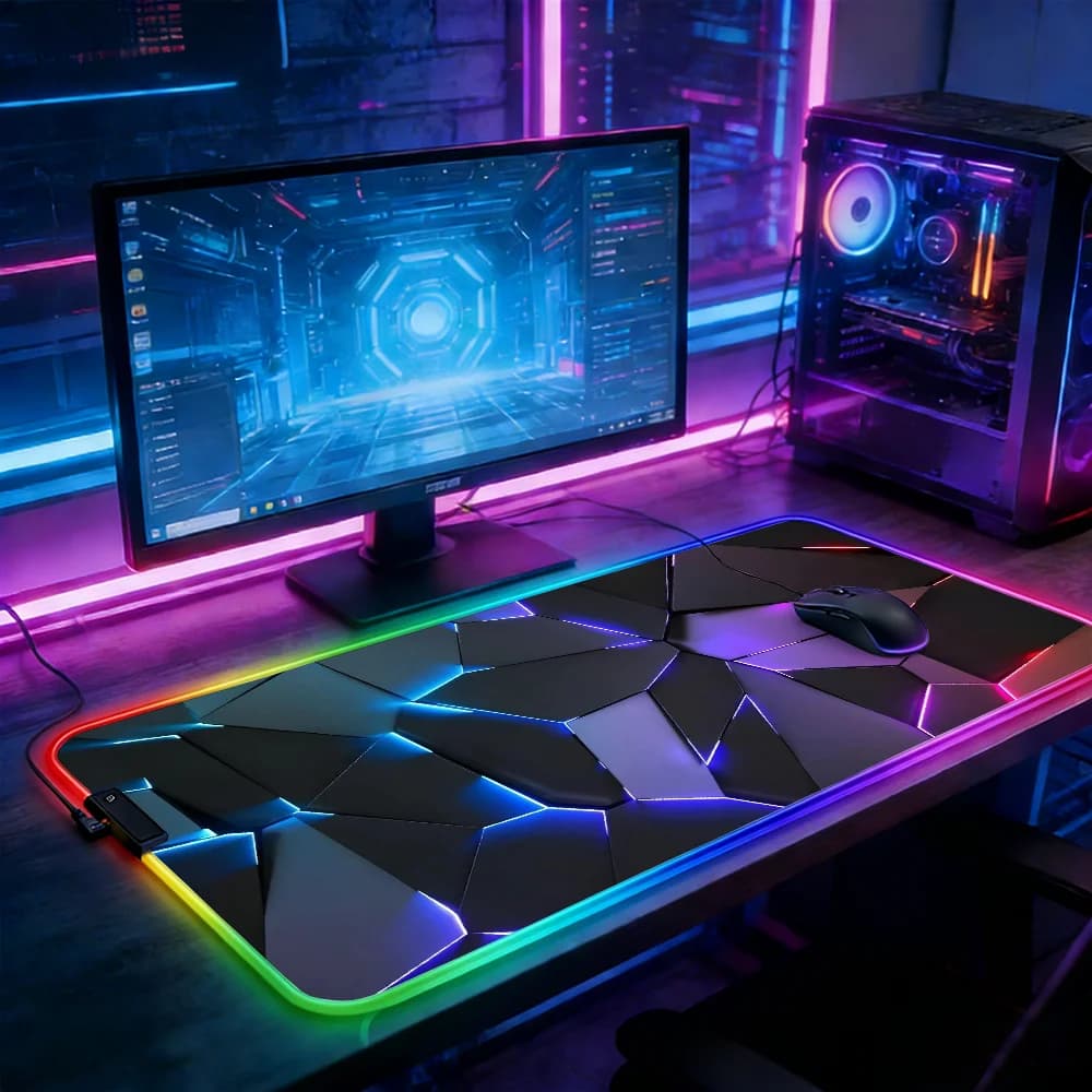Tappetino per mouse con illuminazione a LED RGB Tappetino per tastiera da gioco E-sports Tappetini da tavolo Tappetino per mouse con frammenti geometrici al neon Accessori per laptop da gamer PC