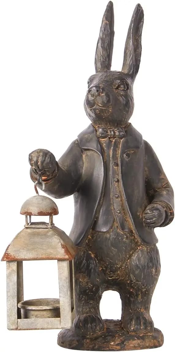 Statuetta Vintage in Resina a Forma di Coniglio con Lanterna, Portacandele in Metallo per Decorazione Casa e Giardino