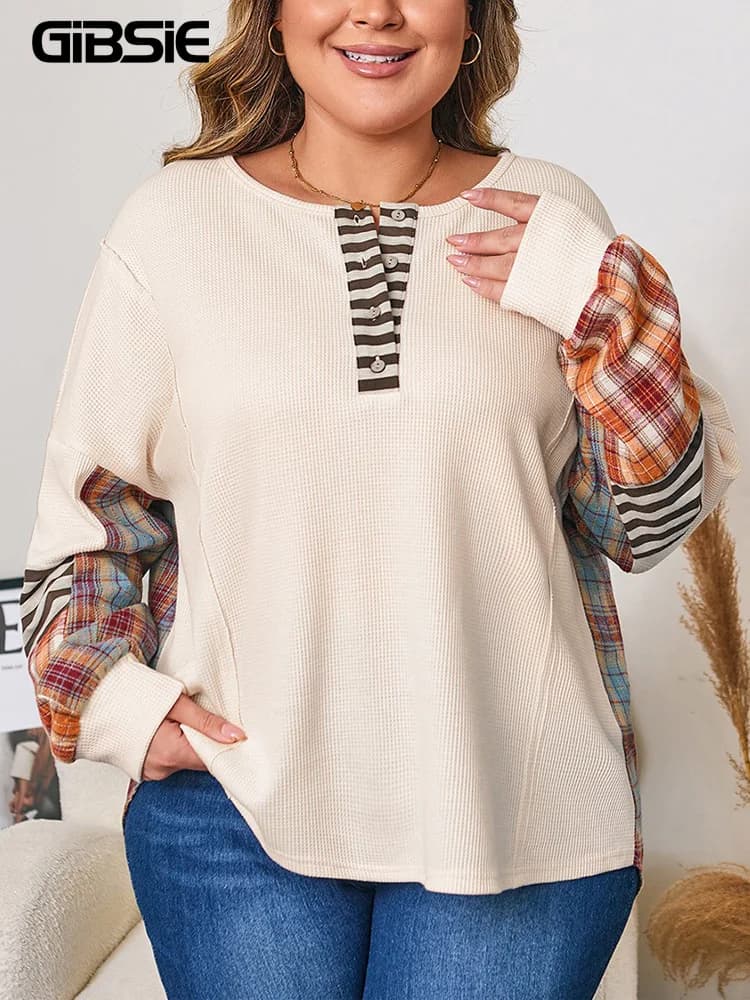 GIBSIE Plus Size Bottone Frontale O-Collo Felpa scozzese Donna Autunno 2025 New Drop Manica lunga Allentato Casual Pullover Top