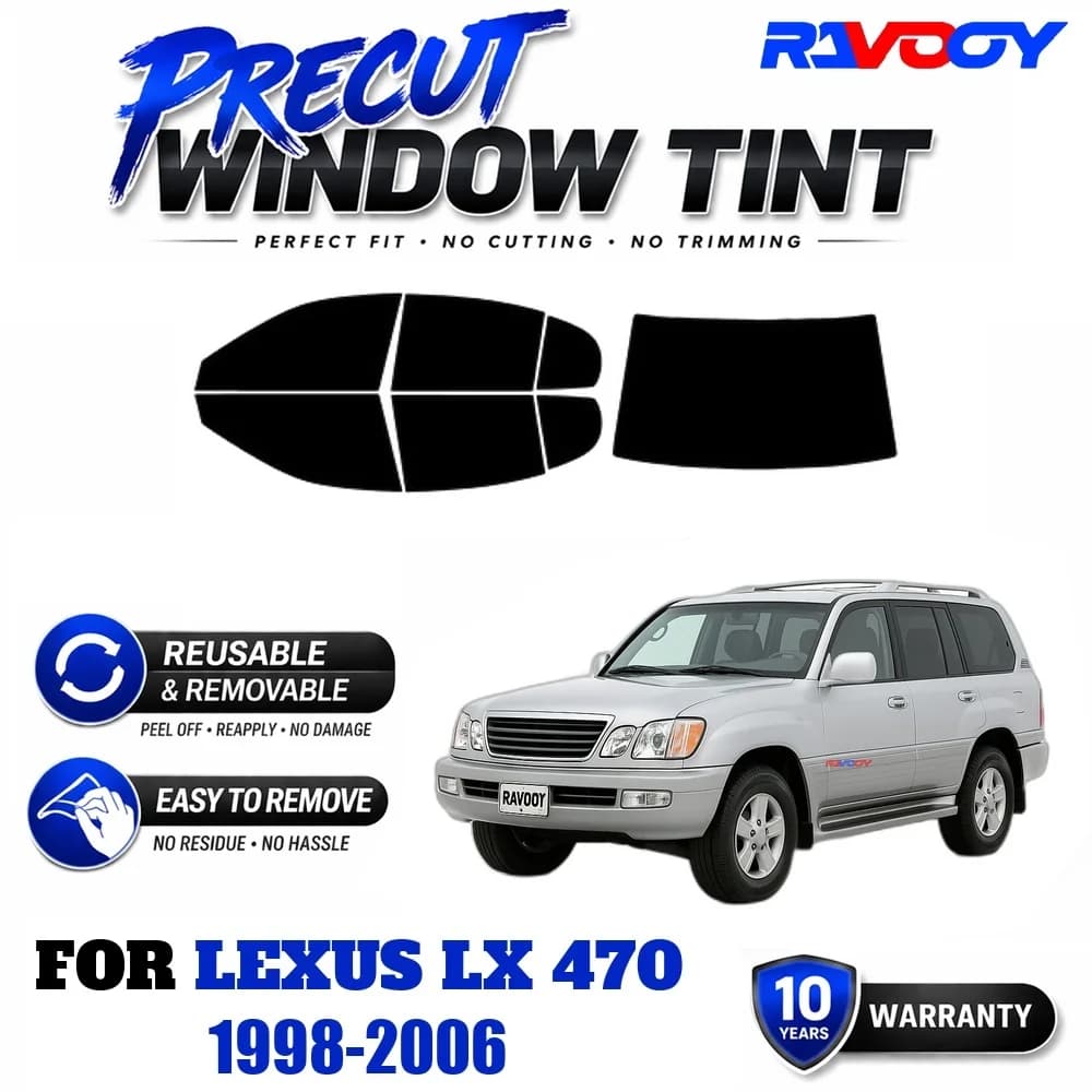RAVOOY Precut Window Tint, Reusable Removable EPU Film, Custom Fit for Lexus LX 470 1998-2006, UV Heat Protection