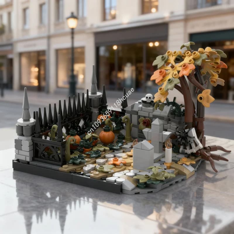 412pcs MOC Pumpkin Graveyard Halloween Diorama Seasonal Model Building Blocks Architecture Christmas Gifts Brick Toy Kids