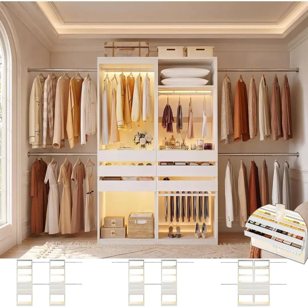 6-Rod LED Closet System, 5.7-10.4ft Adjustable Organizer with Wooden Shelves & Glass Tops, White Walk-in Wardrobe Rack