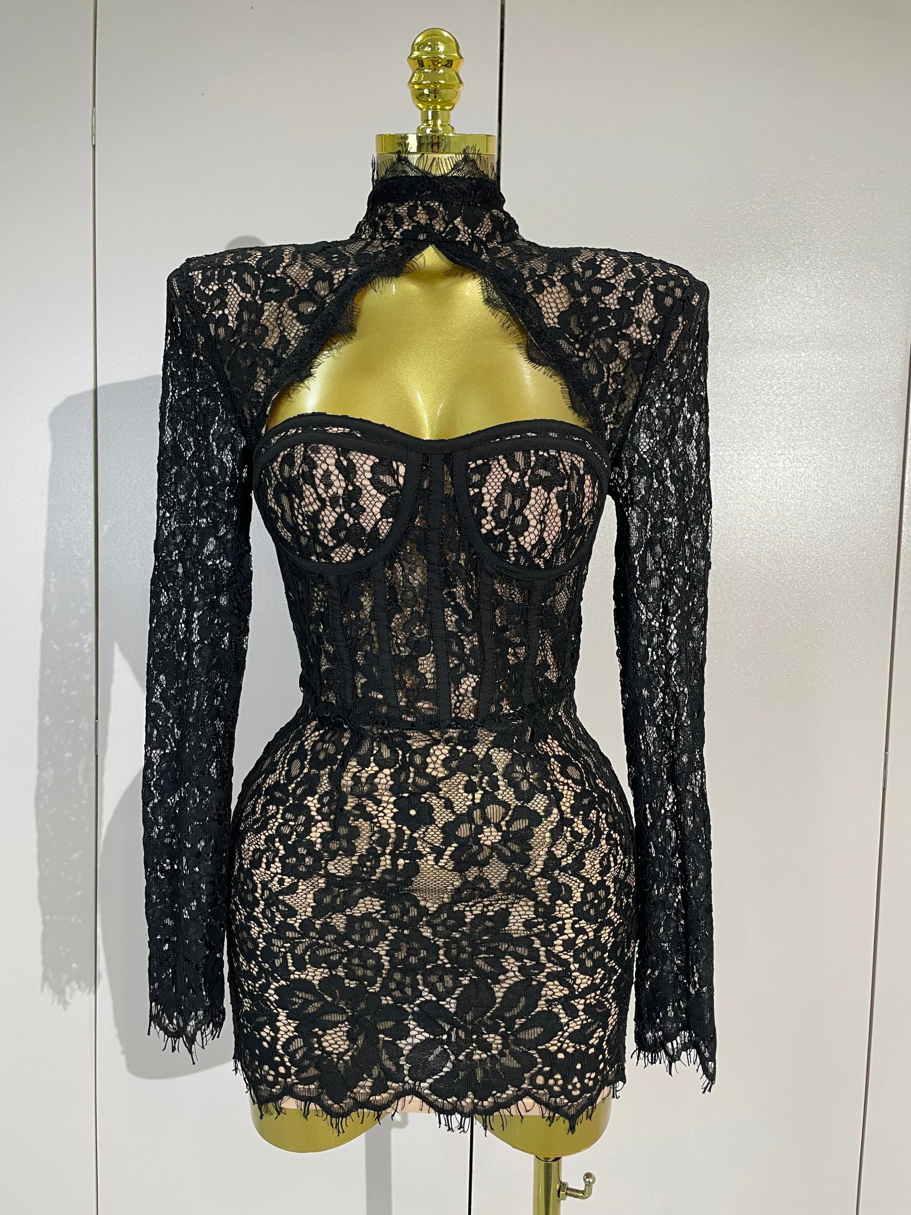 Sexy Black Lace High Neck Hollow Out Design Bodycon Mini Dress Women Long Sleeve Evening Party Club Bar Cocktail Celebrity Gowns
