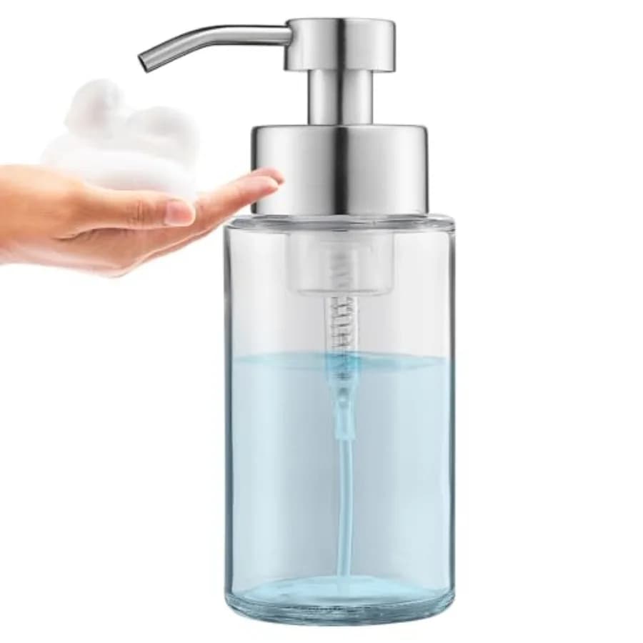 Glass Foaming Hand Soap Dispenser, 10 oz Easy Refill Glass Soap Dispenser, Foam Dispenser with Stainless Steel Pump and Waterpr