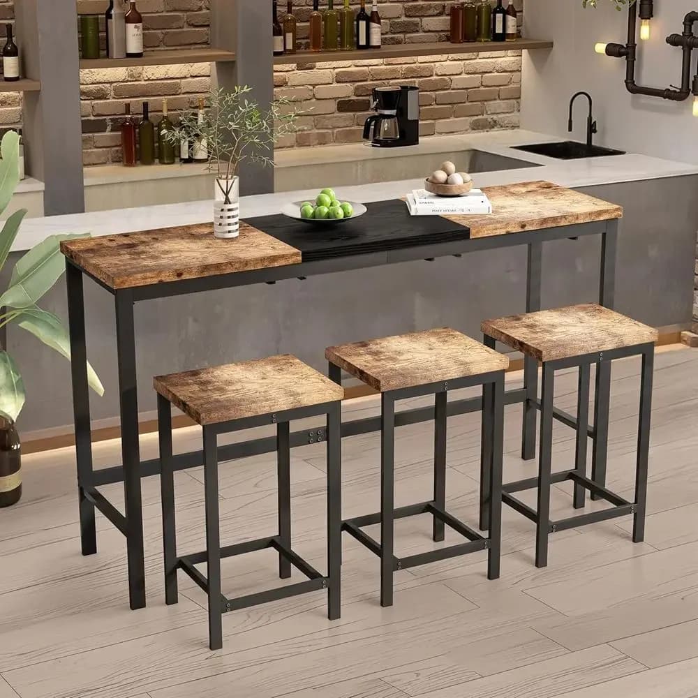 4-Piece Natural & Black Block-Color Pub Dining Set with 60.24 Table and 3 Hanging Stools for Small Spaces