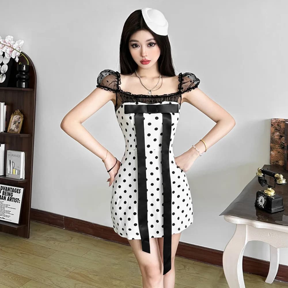 SylCue Y2K Sweet Style Mini Dress Women Polka Dot Print Lace Patchwork Mini Sleeve Bow Decoration Birthday Party Elegant Bodycon