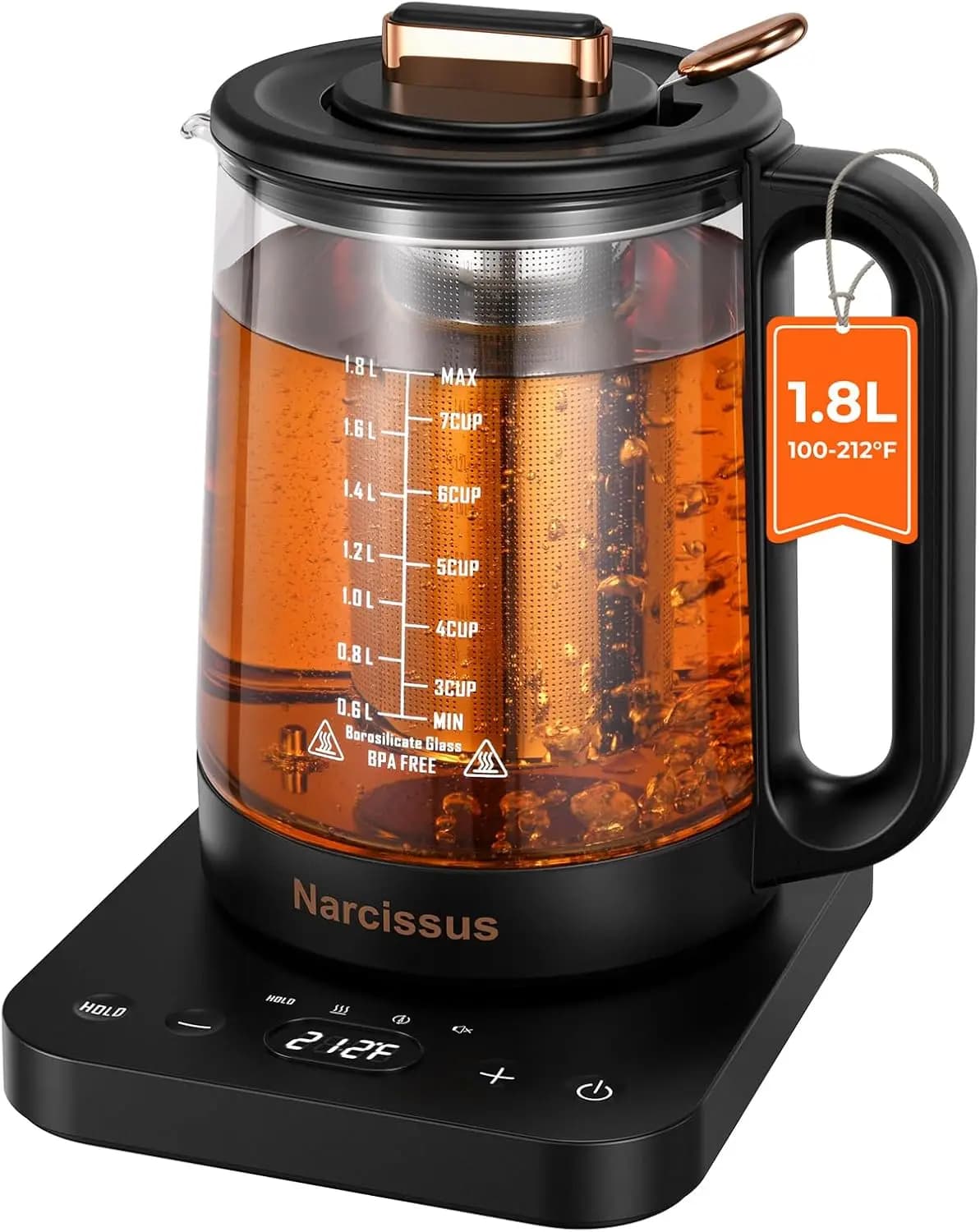 1.8 liters glass electric kettle with infusion, 1200 W fast boiling, keeps warm 6 hours, ±5 °F Temperature control, Black