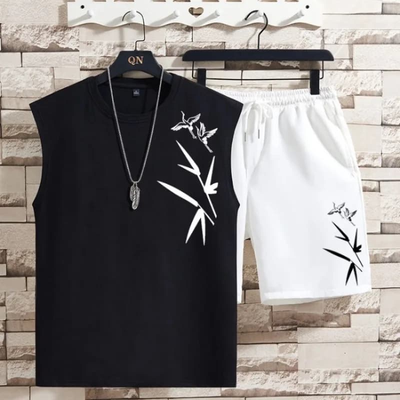 Complete Chinese Style Men's Summer: Set Sleeveless Vests and T-Shirts, Niche Design, National Trend, Casual, Two Pieces