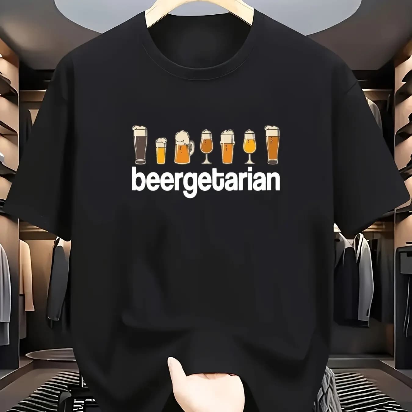 Men Cotton Funny Vegan Beer Lover T-Shirt BEERGETARIAN Print with Beer Mugs Vegan Symbol Navy Blue Crew Neck Casual Tee