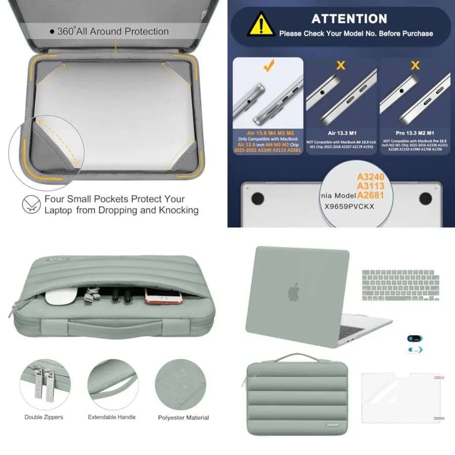 Compatibile con MacBook Air 13 pollici Case M5 2026 M4 2025 M3 M2 2024-2022 A3449 A3240 A3113 A2681, custodia rigida, borsa imbottita, copritastiera, copri webcam e pellicola protettiva per MacBook Air 13.6, Verde Antico