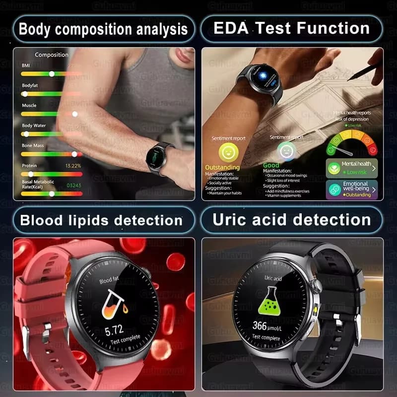 2026 Newest ECG+PPG Smart Watch Medical Blood Lipid Uric Acid Body Fat HD Call IP68 Waterproof 100 Sports Smart Watch Men Women