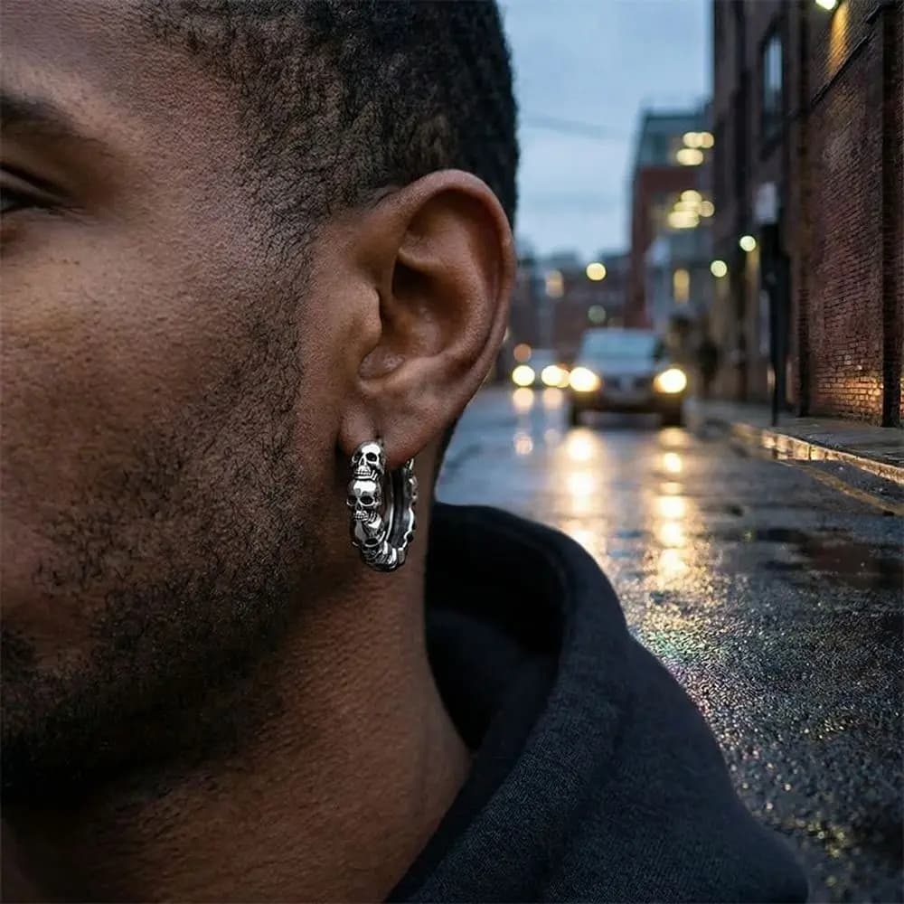 Retro Copper Skull Hoop Earrings Silver Creative Hip Hop Circle Earrings Personalized Skeleton Design Punk Earrings Rock