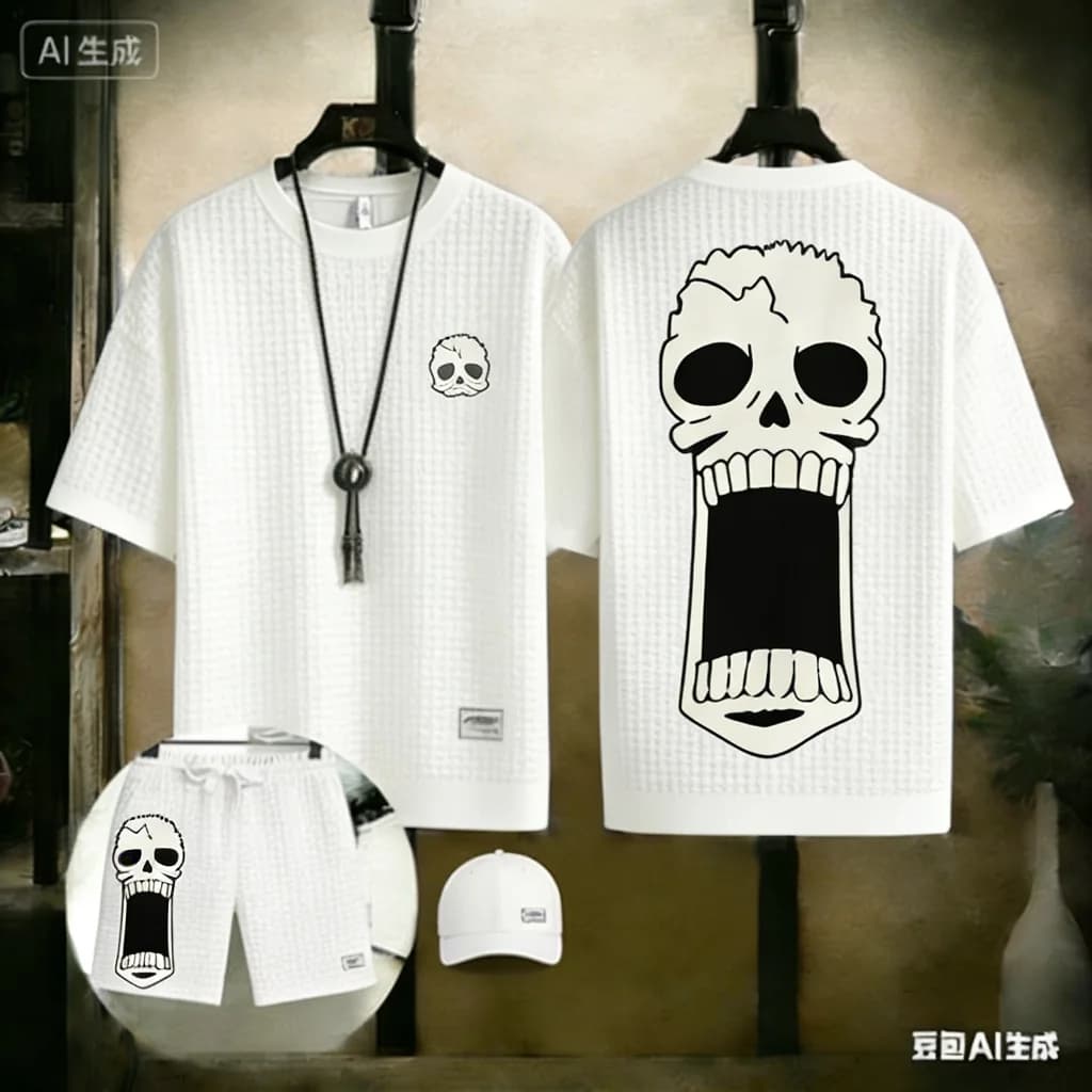 2026 new Anime One Piece Brook Skull Print Piece Set Men Summer Oversized Waffle T-shirt & Shorts Casual Streetwear Tracksuit